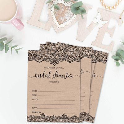 50 Cartões Quadrados Kraft em Branco com Renda Preta Vitoriana para Jogo de Chá de Noiva/Casamento/Despedida de Solteira - Inkdotpot 8,89 Cm × 5,08 Cm / Branco - Quantos Beijos?