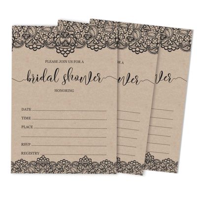 50 Cartões Quadrados Kraft em Branco com Renda Preta Vitoriana para Jogo de Chá de Noiva/Casamento/Despedida de Solteira - Inkdotpot 8,89 Cm × 5,08 Cm / Branco - Quantos Beijos?