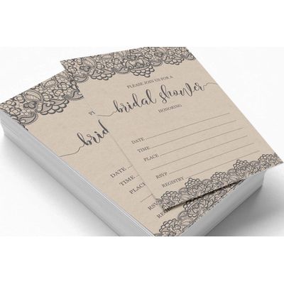 50 Cartões Quadrados Kraft em Branco com Renda Preta Vitoriana para Jogo de Chá de Noiva/Casamento/Despedida de Solteira - Inkdotpot 8,89 Cm × 5,08 Cm / Branco - Quantos Beijos?