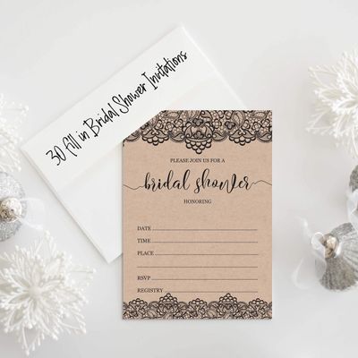 50 Cartões Quadrados Kraft em Branco com Renda Preta Vitoriana para Jogo de Chá de Noiva/Casamento/Despedida de Solteira - Inkdotpot 8,89 Cm × 5,08 Cm / Branco - Quantos Beijos?