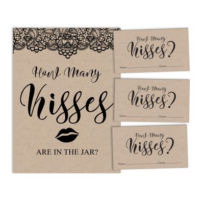 50 Cartões Quadrados Kraft em Branco com Renda Preta Vitoriana para Jogo de Chá de Noiva/Casamento/Despedida de Solteira - Inkdotpot 8,89 Cm × 5,08 Cm / Branco - Quantos Beijos?