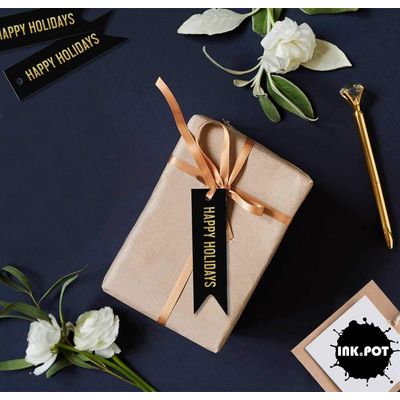 Etiquetas de Papel Metalizado "Happy Holiday" para Lembrancinhas Pendentes - Inkdotpot 100 Etiquetas Metalizadas / Preto - Dourado
