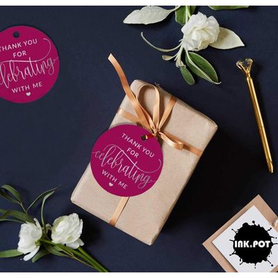 Etiquetas em Papel Metalizado para Lembrancinha de Aniversário "Obrigado por Celebrar Comigo" para Pendurar - Inkdotpot 100 Etiquetas Metalizadas / Rosa - Prata