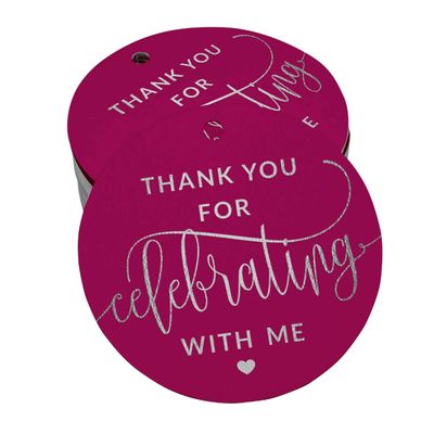 Etiquetas em Papel Metalizado para Lembrancinha de Aniversário "Obrigado por Celebrar Comigo" para Pendurar - Inkdotpot 100 Etiquetas Metalizadas / Rosa - Prata