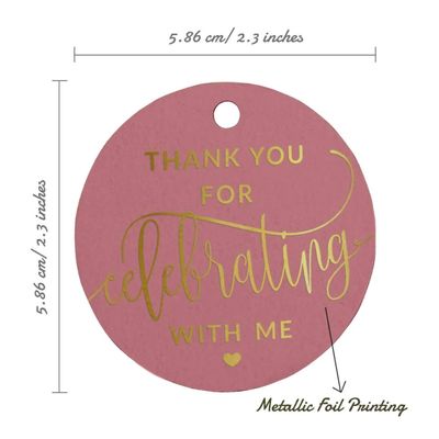 Etiquetas de Papel Penduradas para Lembrancinhas de Aniversário 'Obrigado por Celebrar Comigo' com Foil - Inkdotpot 50 Etiquetas Metalizadas / Rosa - Dourado