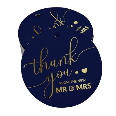 Etiquetas de Papel para Pendurar em Lembrancinhas de Casamento 'Thank You' com Detalhe Metalizado - Inkdotpot 100 Etiquetas Metalizadas / Azul - Dourado