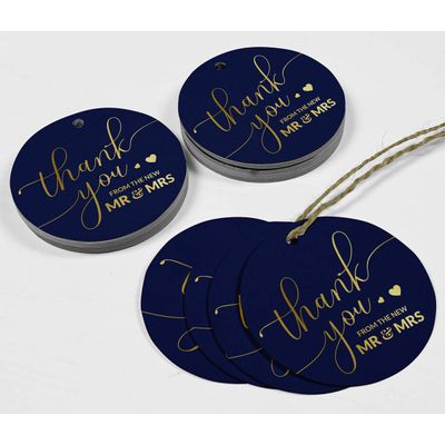 Etiquetas de Papel para Pendurar em Lembrancinhas de Casamento 'Thank You' com Detalhe Metalizado - Inkdotpot 100 Etiquetas Metalizadas / Azul - Dourado