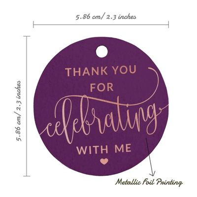Tag de Papel para Lembrancinha de Aniversário 'Obrigado por Celebrar Comigo' com Acabamento em Foil para Pendurar - Inkdotpot 100 Etiquetas Metalizadas / Roxo - Ouro Rosé