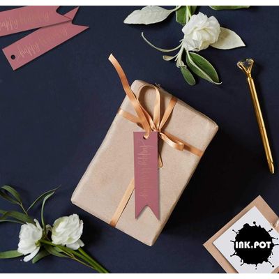 Etiquetas de Papel para Lembrancinhas 'Feliz Aniversário' com Folha Metalizada para Pendurar - Inkdotpot 50 Etiquetas Metalizadas / Rosa - Ouro Rosé