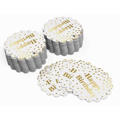 Tags de Garrafa 'Happy Birthday' Metalizadas para Lembrancinhas - Inkdotpot 100 Etiquetas Metalizadas / Branco - Ouro Rosé