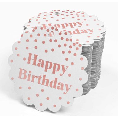 Tags de Garrafa 'Happy Birthday' Metalizadas para Lembrancinhas - Inkdotpot 100 Etiquetas Metalizadas / Branco - Ouro Rosé