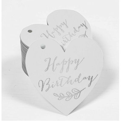 Etiqueta Suspensa de Papel para Lembrancinha 'Feliz Aniversário' com Folha Metálica para Artesanato - Inkdotpot 100 Etiquetas Metalizadas / Branco - Prata