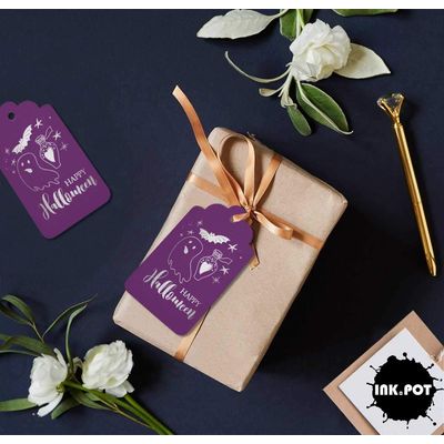 Etiquetas de Garrafa 'Happy Halloween' Folheadas para Lembrancinha, para Pendurar - Inkdotpot 100 Etiquetas Metalizadas / Roxo - Prata