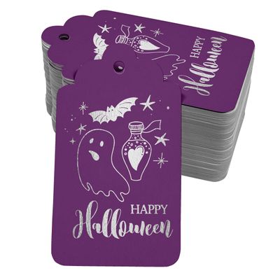 Etiquetas de Garrafa 'Happy Halloween' Folheadas para Lembrancinha, para Pendurar - Inkdotpot 100 Etiquetas Metalizadas / Roxo - Prata