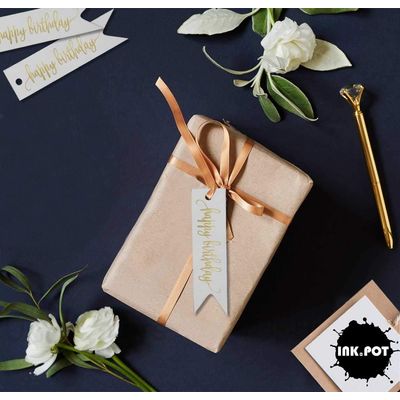 Etiquetas de Pendurar Metalizadas "Feliz Aniversário" para Garrafa e Lembrancinha - Inkdotpot 50 Etiquetas Metalizadas / Branco - Prata
