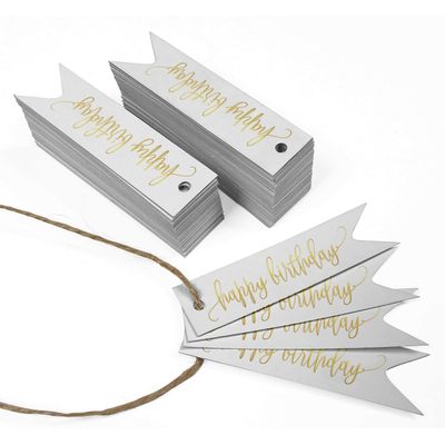 Etiquetas de Pendurar Metalizadas "Feliz Aniversário" para Garrafa e Lembrancinha - Inkdotpot 50 Etiquetas Metalizadas / Branco - Prata