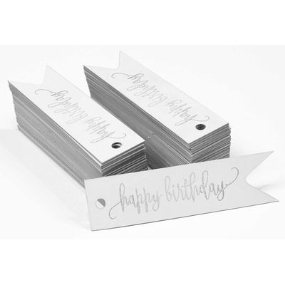 Etiquetas de Pendurar Metalizadas "Feliz Aniversário" para Garrafa e Lembrancinha - Inkdotpot 50 Etiquetas Metalizadas / Branco - Prata