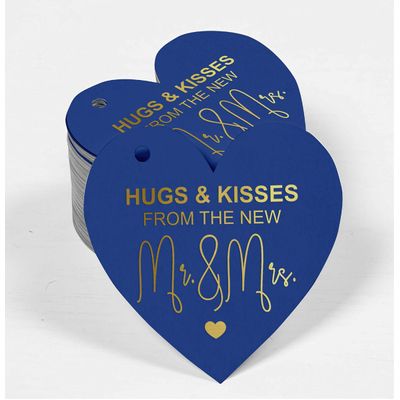 Tags de Papel para Lembrancinhas de Casamento 'Abraços e Beijos de', Pendentes com Acabamento Metalizado - Inkdotpot 50 Etiquetas Metalizadas / Azul - Dourado