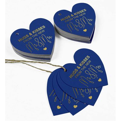 Tags de Papel para Lembrancinhas de Casamento 'Abraços e Beijos de', Pendentes com Acabamento Metalizado - Inkdotpot 50 Etiquetas Metalizadas / Azul - Dourado