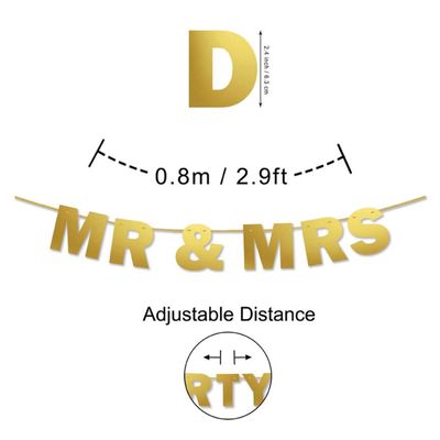 Bandeirola Dourada Metálica Mr & Mrs Pré-Cordada para Cabine de Fotos, Decoração de Festa e Banner de Casamento DIY - Inkdotpot Dourado