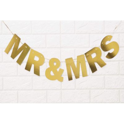Bandeirola Dourada Metálica Mr & Mrs Pré-Cordada para Cabine de Fotos, Decoração de Festa e Banner de Casamento DIY - Inkdotpot Dourado