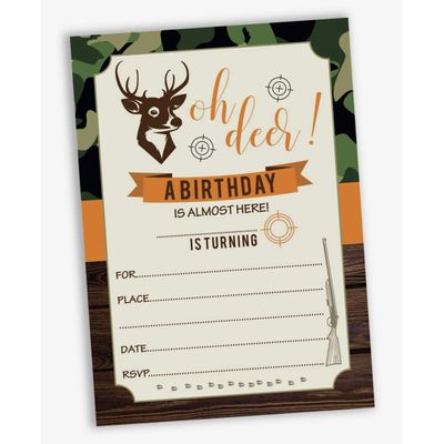 Pacote com 30 Convites Infantis Tema Caça ao Veado Camuflagem, Festa do Pijama Camping para Menino, Cartões para Preencher - Inkdotpot 12,7 Cm × 17,78 Cm / Preto