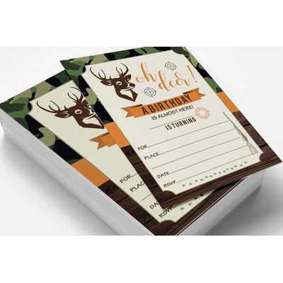 Pacote com 30 Convites Infantis Tema Caça ao Veado Camuflagem, Festa do Pijama Camping para Menino, Cartões para Preencher - Inkdotpot 12,7 Cm × 17,78 Cm / Preto