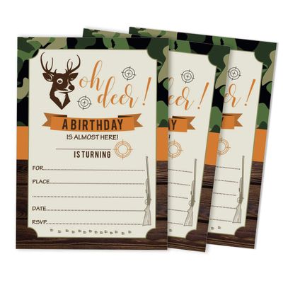 Pacote com 30 Convites Infantis Tema Caça ao Veado Camuflagem, Festa do Pijama Camping para Menino, Cartões para Preencher - Inkdotpot 12,7 Cm × 17,78 Cm / Preto
