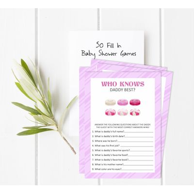 Pacote com 50 'Quem Conhece Melhor o Papai' - Jogos, Atividades e Decorações Tema de Doces para Chá de Bebê - Inkdotpot 12,7 Cm × 17,78 Cm / Branco