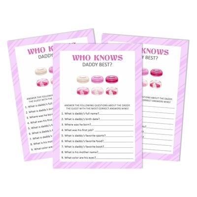 Pacote com 50 'Quem Conhece Melhor o Papai' - Jogos, Atividades e Decorações Tema de Doces para Chá de Bebê - Inkdotpot 12,7 Cm × 17,78 Cm / Branco