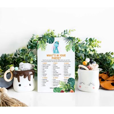 Pacote com 50, Coleção Chá de Bebê Menina/Menino, O Que Tem na Sua Bolsa - Jogos, Atividades e Decorações Tema Dinossauro - Inkdotpot 12,7 Cm × 17,78 Cm / Branco