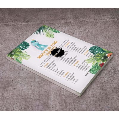 Pacote com 50, Coleção Chá de Bebê Menina/Menino, O Que Tem na Sua Bolsa - Jogos, Atividades e Decorações Tema Dinossauro - Inkdotpot 12,7 Cm × 17,78 Cm / Branco