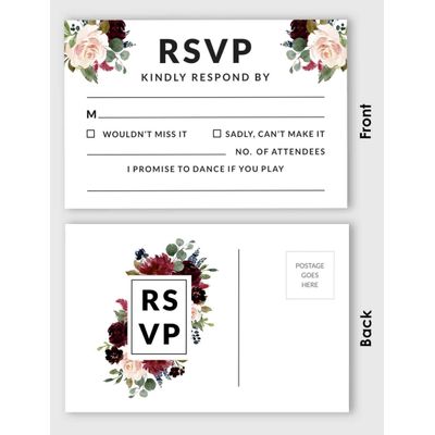 Cartões-Postais RSVP (50) 10 x 15 cm em Branco, Verso para Envio, Cartões de Resposta para Casamento Estampa Floral e Folhagens - Inkdotpot 10,16 Cm × 15,24 Cm / Branco