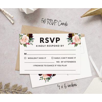 Cartões-Postais RSVP (50) 10 x 15 cm em Branco, Verso para Envio, Cartões de Resposta para Casamento Estampa Floral e Folhagens - Inkdotpot 10,16 Cm × 15,24 Cm / Branco