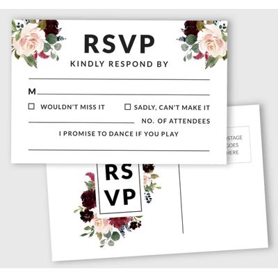 Cartões-Postais RSVP (50) 10 x 15 cm em Branco, Verso para Envio, Cartões de Resposta para Casamento Estampa Floral e Folhagens - Inkdotpot 10,16 Cm × 15,24 Cm / Branco
