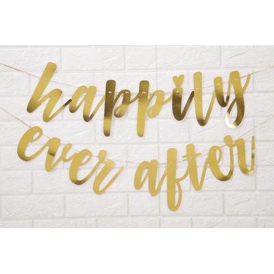 Bandeirolas Cursivas em Relevo Prensado 'Happily Ever After' Banner Metálico Dourado para Casamento e Festa - Inkdotpot Dourado