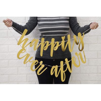 Bandeirolas Cursivas em Relevo Prensado 'Happily Ever After' Banner Metálico Dourado para Casamento e Festa - Inkdotpot Dourado