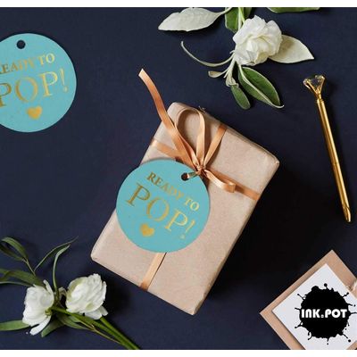 Etiquetas de Papel para Lembrancinhas de Chá de Bebê 'Ready to Pop' com Foil Artesanal para Pendurar - Inkdotpot 50 Etiquetas Metalizadas / Azul - Ouro Rosé