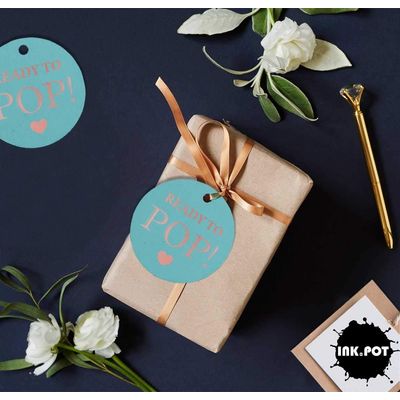 Etiquetas de Papel para Lembrancinhas de Chá de Bebê 'Ready to Pop' com Foil Artesanal para Pendurar - Inkdotpot 50 Etiquetas Metalizadas / Azul - Ouro Rosé