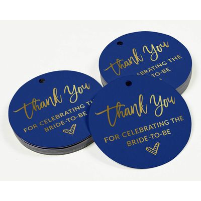 Agradecemos por Celebrar a Noiva - Etiquetas Pendentes Metalizadas para Lembrancinhas em Garrafas - Inkdotpot 100 Etiquetas Metalizadas / Azul - Dourado