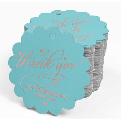 Etiqueta Pingente de Garrafa 'Obrigado por Celebrar Comigo' para Lembrancinha de Aniversário, Metalizado - Inkdotpot 100 Etiquetas Metalizadas / Azul - Ouro Rosé