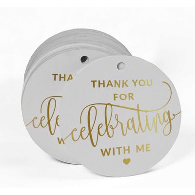 Tags de Papel para Lembrancinhas de Aniversário 'Obrigado por Comemorar Comigo' com Acabamento em Foil para Pendurar - Inkdotpot 100 Etiquetas Metalizadas / Branco - Dourado