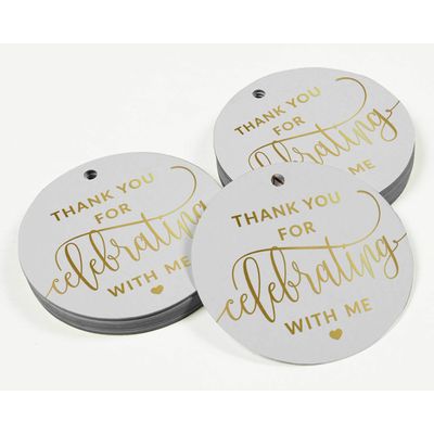 Tags de Papel para Lembrancinhas de Aniversário 'Obrigado por Comemorar Comigo' com Acabamento em Foil para Pendurar - Inkdotpot 100 Etiquetas Metalizadas / Branco - Dourado