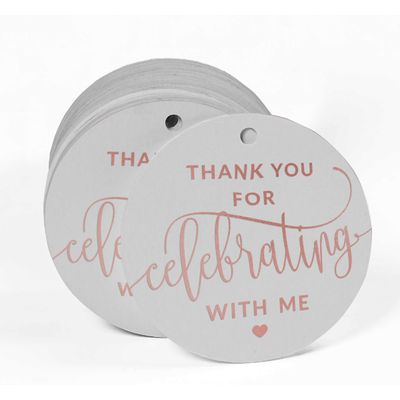 Tags de Papel para Lembrancinhas de Aniversário 'Obrigado por Comemorar Comigo' com Acabamento em Foil para Pendurar - Inkdotpot 100 Etiquetas Metalizadas / Branco - Ouro Rosé