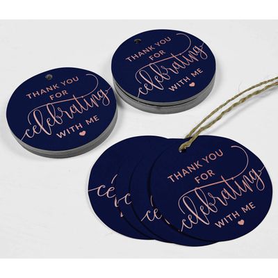Etiquetas de Garrafa 'Obrigado por Celebrar Comigo' para Lembrancinha de Aniversário, Metalizadas - Inkdotpot 50 Etiquetas Metalizadas / Azul - Ouro Rosé