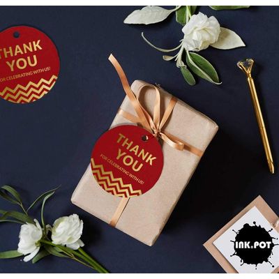 Obrigado por Celebrar Conosco - Chá de Noiva/Bebê/Aposentadoria/Casamento/Aniversário - Tag Metalizada para Garrafa e Lembrança - Inkdotpot 100 Etiquetas Metalizadas / Vermelho - Dourado