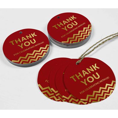 Obrigado por Celebrar Conosco - Chá de Noiva/Bebê/Aposentadoria/Casamento/Aniversário - Tag Metalizada para Garrafa e Lembrança - Inkdotpot 100 Etiquetas Metalizadas / Vermelho - Dourado