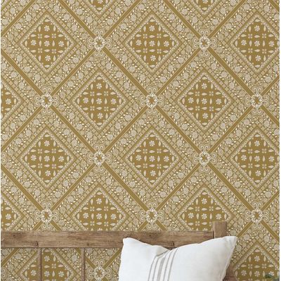 Papel de Parede Bandhani Tipo Azulejo Estilo Asiático, Autoadesivo, Decorativo, DIY Fácil para Quarto e Sala - Amarelo - S4Sassy 63,5 cm (L) × 914,4 cm (C) / Amarelo - Vinil Texturizado