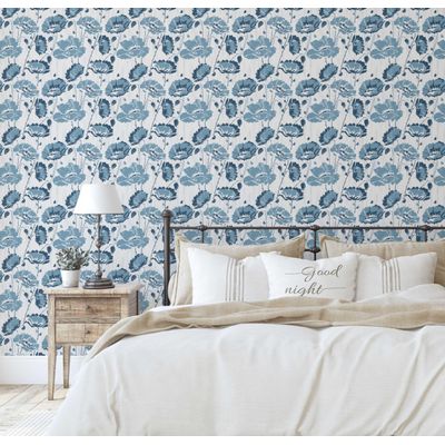 Papel de Parede Floral Bloom Azul, Vinil Autoadesivo Decorativo, Revestimento Fácil para Quarto, Sala e Ambientes - S4Sassy 63,5 cm (L) × 152,4 cm (C) / Azul - Vinil Liso