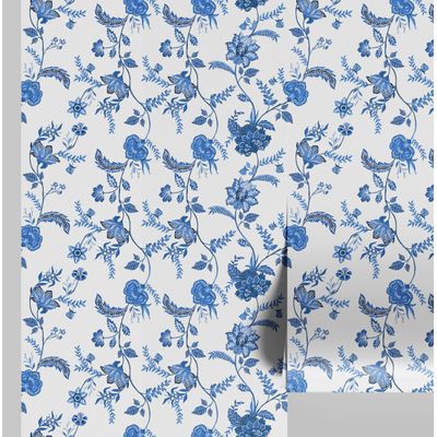 Papel de Parede Trepadeira Floral Estilo Asiático Autoadesivo, Revestimento Decorativo DIY Fácil para Quarto e Sala - Azul - S4Sassy 63,5 cm (L) × 609,6 cm (C) / Azul - Vinil Texturizado